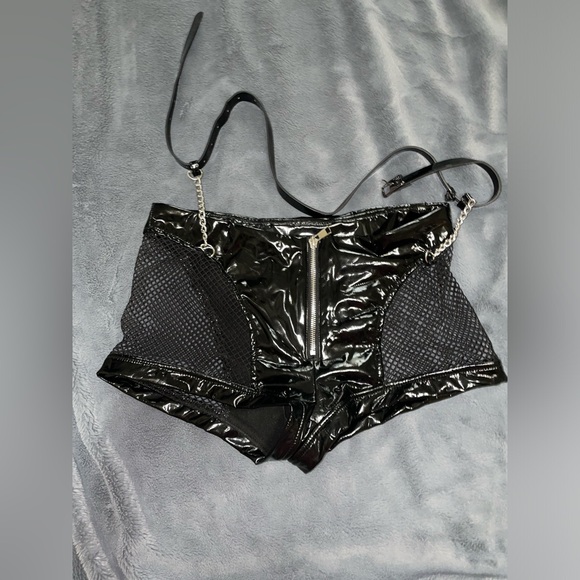 SHEIN PU Leather Shorts with Fishnet Cut Out and Belt - Picture 2 of 5